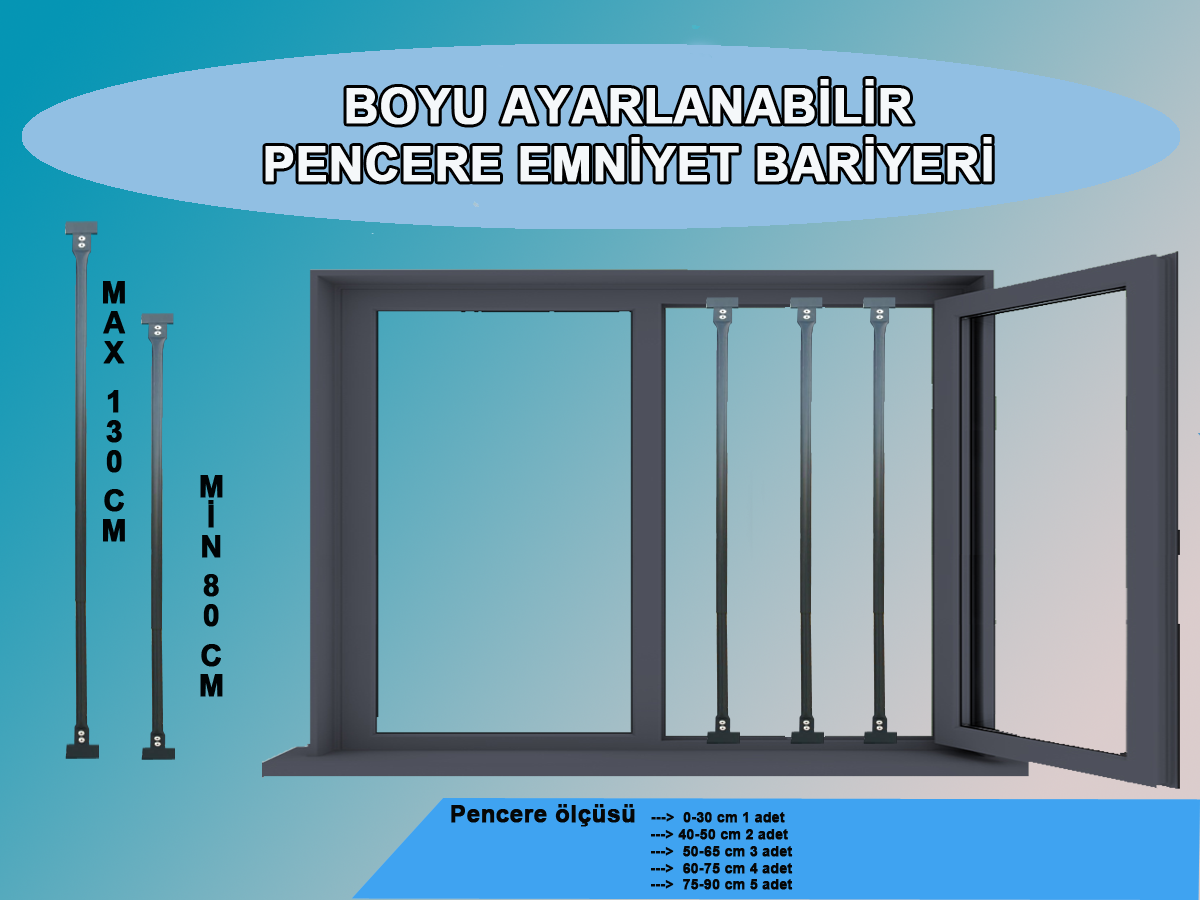 Antrasit Renk Pencere Güvenlik Bariyeri 3 adet-Uzayıp kısalabilen korkuluk