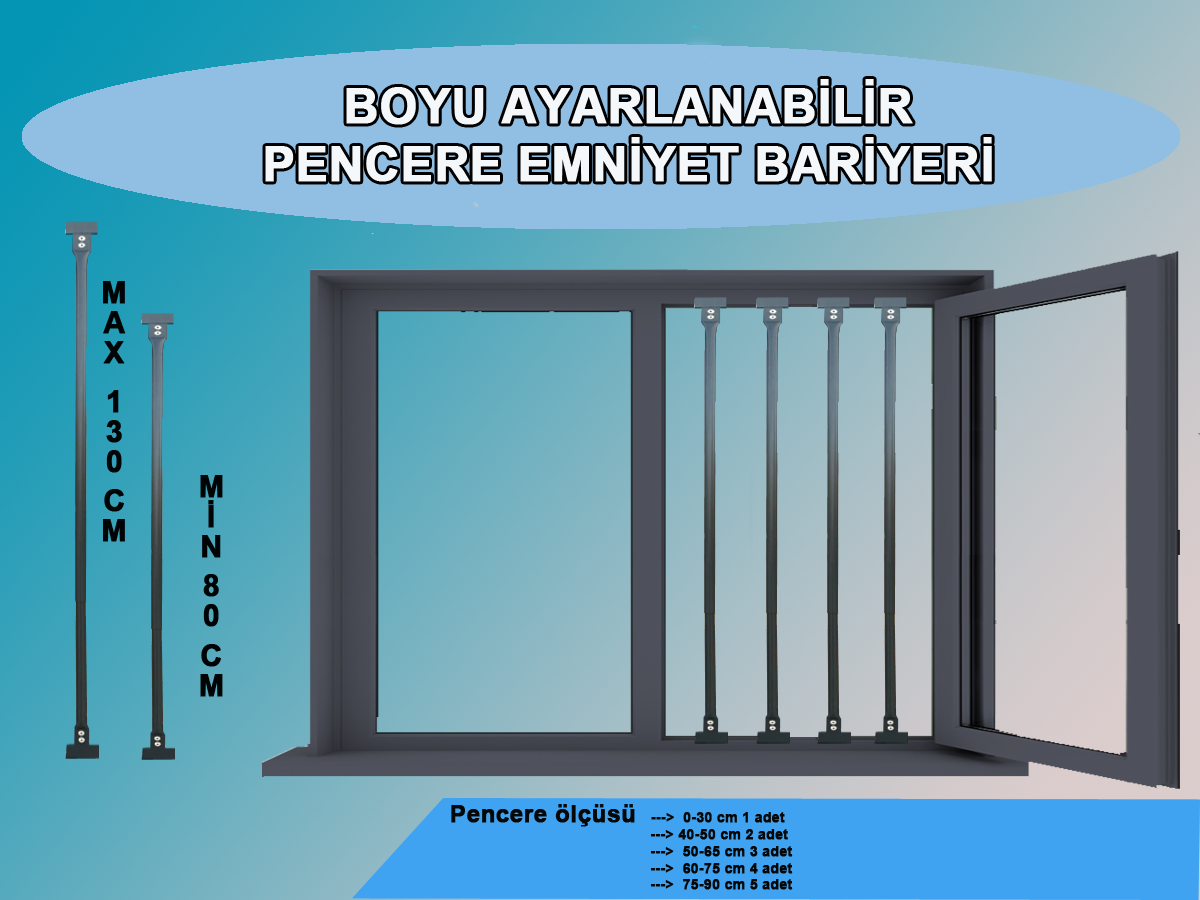 Antrasit Renk Pencere Güvenlik Bariyeri 4 adet-Uzayıp kısalabilen korkuluk